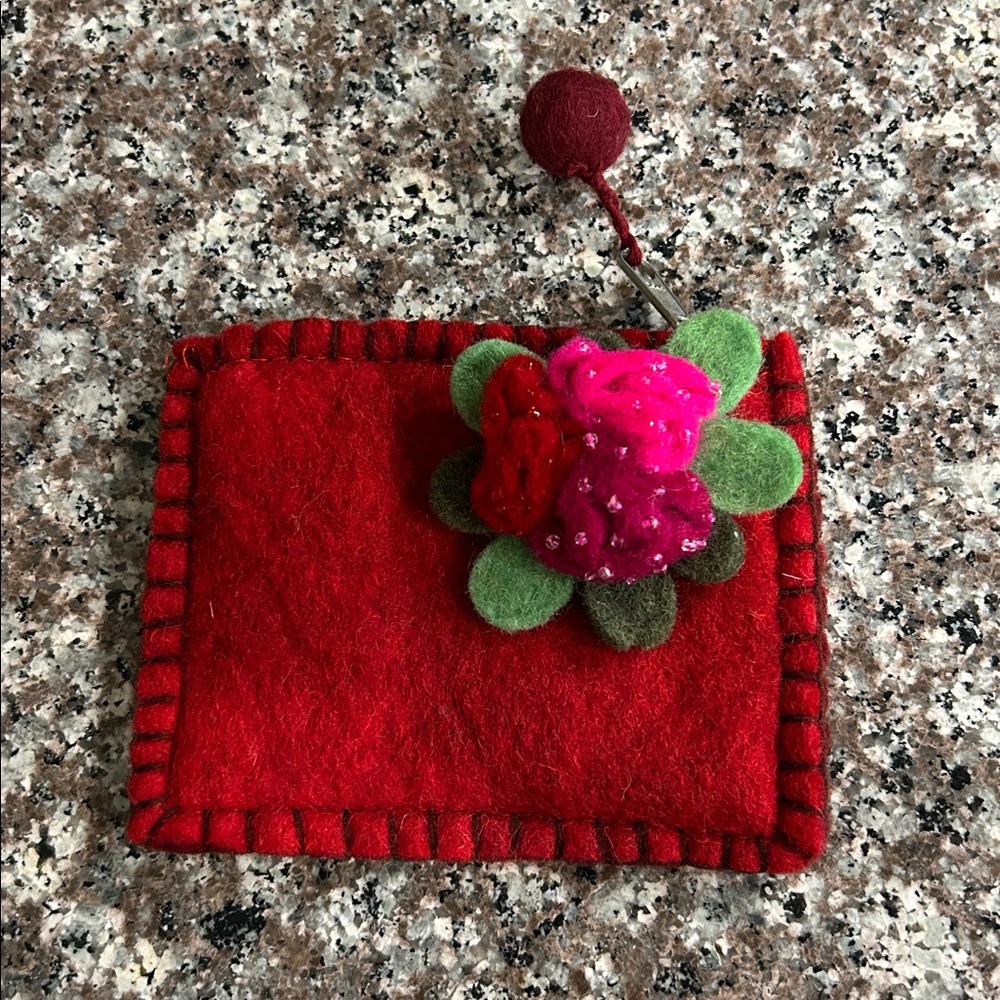 Red Felt Pouch with Floral Design